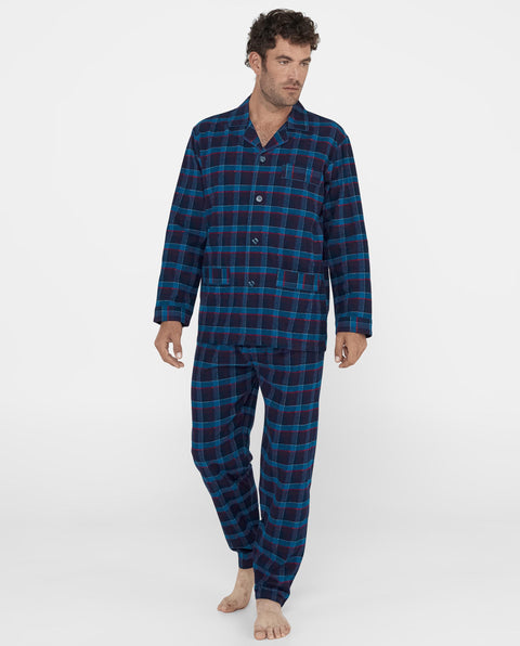 Pijama franela hombre largo de invierno puro algodón 100% a cuadros azules pijama invierno hombre pijama caballero