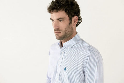 Camisa hombre manga larga con bolsillo sin arrugas fácil planchado casual botón down cuadros azul easy iron regular fit camisas de vestir