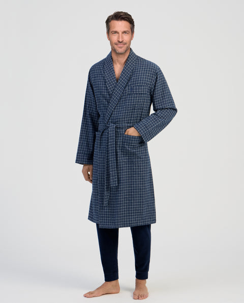 Bata Hombre Invierno Premium Algodón Franela Cuadros - Azul 0808_39