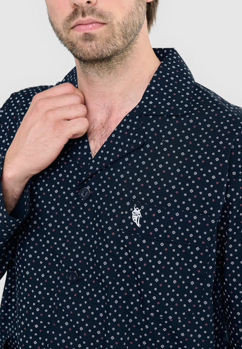 Pijama Hombre Largo Solapa Popelín Estampado - Marino 1400_39 - 12346658 - https://www.elbuhonocturno.com/