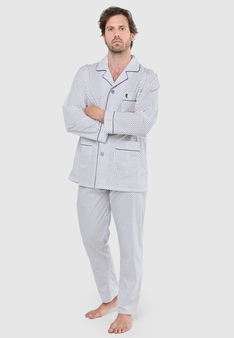 Pijama Hombre Largo Solapa Popelín Estampado - Blanco 1401_01 - 49193404 - https://www.elbuhonocturno.com/