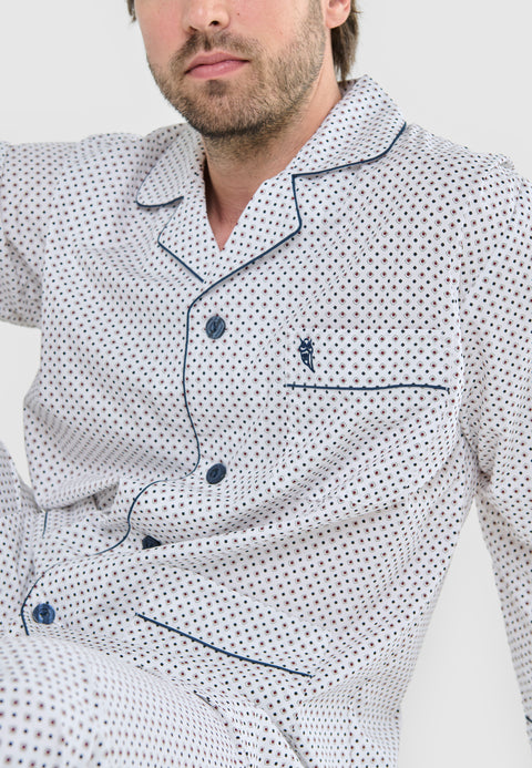 Pijama Hombre Largo Solapa Popelín Estampado - Blanco 1401_01 - 24565399 - https://www.elbuhonocturno.com/