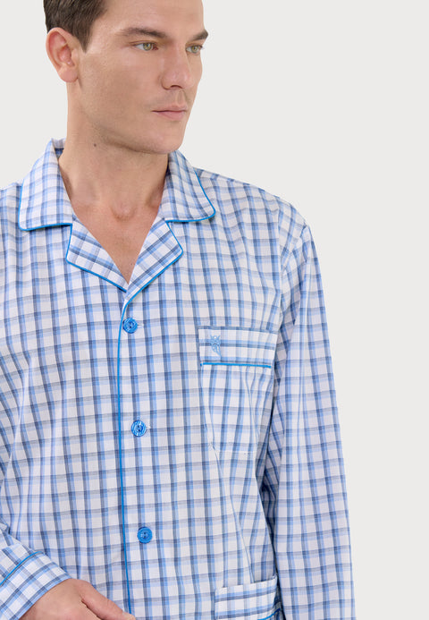 Pijama Hombre Largo Solapa Popelín Cuadros - Azul 1403_30