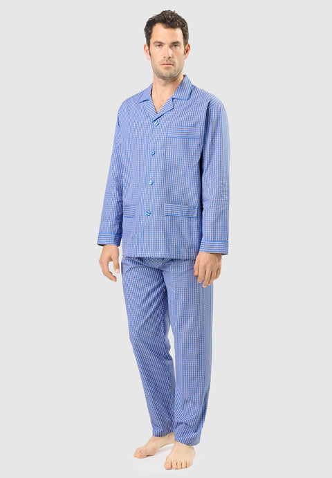 Pijama Hombre Largo Solapa Algodón Popelín Cuadros - Azul 1535_30 - 85601548 - https://www.elbuhonocturno.com/