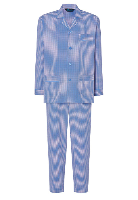 Pijama Hombre Largo Solapa Algodón Popelín Cuadros - Azul 1535_30 - 11002550 - https://www.elbuhonocturno.com/