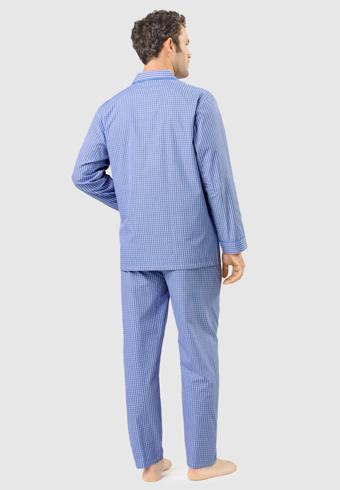 Pijama Hombre Largo Solapa Algodón Popelín Cuadros - Azul 1535_30 - 73261732 - https://www.elbuhonocturno.com/