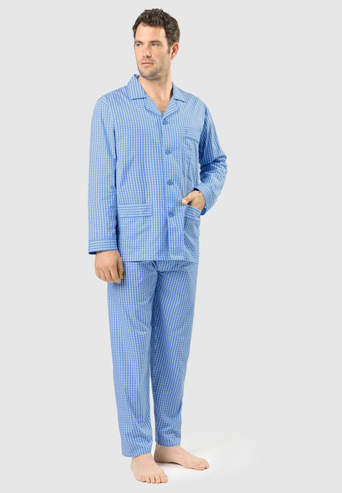 Pijama Hombre Largo Solapa Algodón Popelín Cuadros - Azul 1536_36 - 875978 - https://www.elbuhonocturno.com/