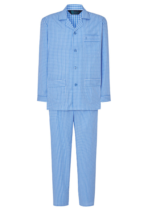 Pijama Hombre Largo Solapa Algodón Popelín Cuadros - Azul 1536_36 - 88238837 - https://www.elbuhonocturno.com/