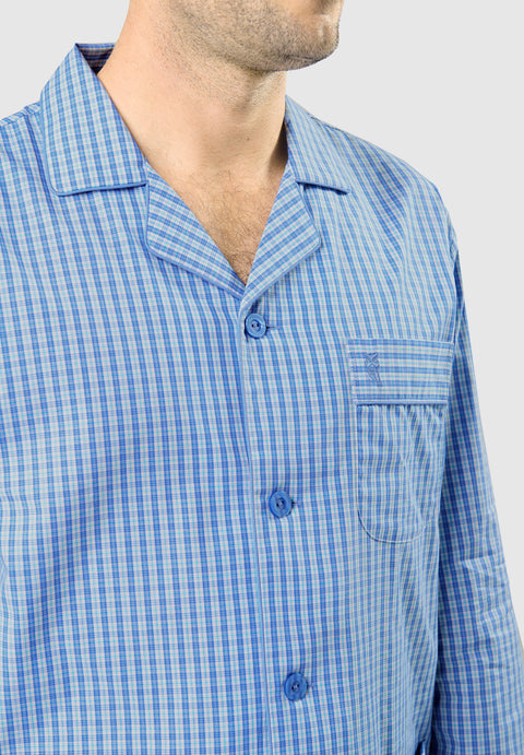 Pijama Hombre Largo Solapa Algodón Popelín Cuadros - Azul 1536_36 - 54334948 - https://www.elbuhonocturno.com/