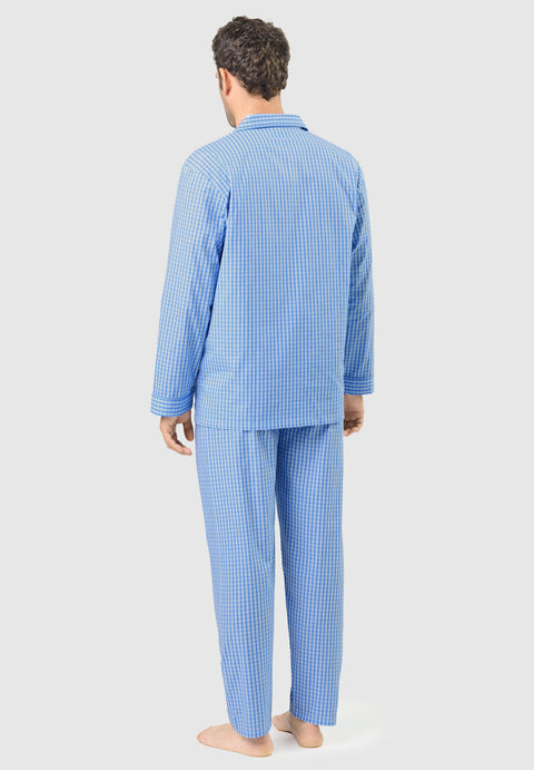 Pijama Hombre Largo Solapa Algodón Popelín Cuadros - Azul 1536_36 - 36246833 - https://www.elbuhonocturno.com/