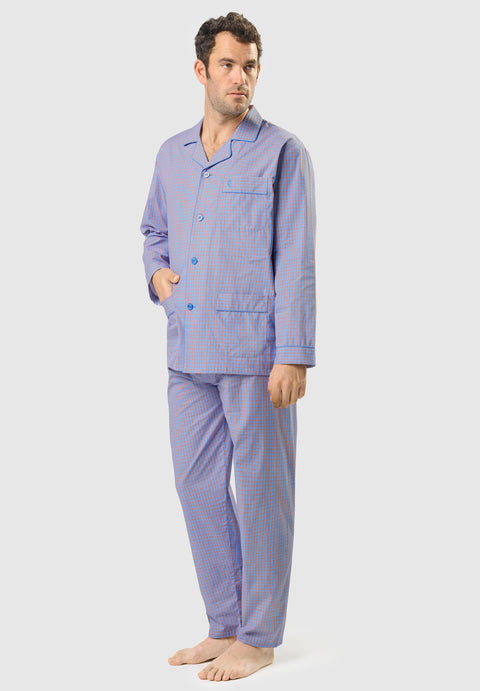 Pijama Hombre Largo Solapa Algodón Popelín Cuadros - Azul 1538_30 - 43789618 - https://www.elbuhonocturno.com/