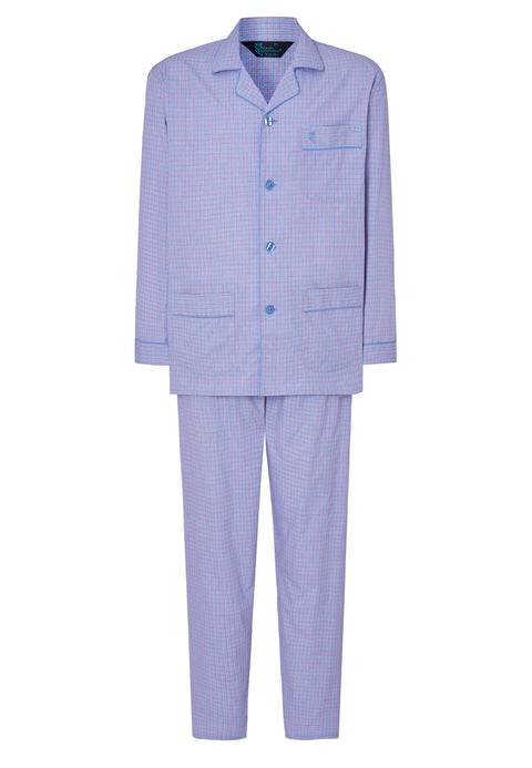 Pijama Hombre Largo Solapa Algodón Popelín Cuadros - Azul 1538_30 - 13619150 - https://www.elbuhonocturno.com/