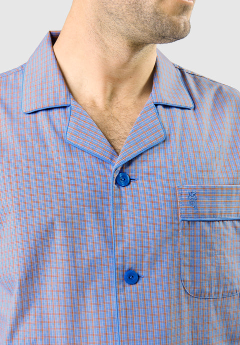 Pijama Hombre Largo Solapa Algodón Popelín Cuadros - Azul 1538_30 - 26334277 - https://www.elbuhonocturno.com/