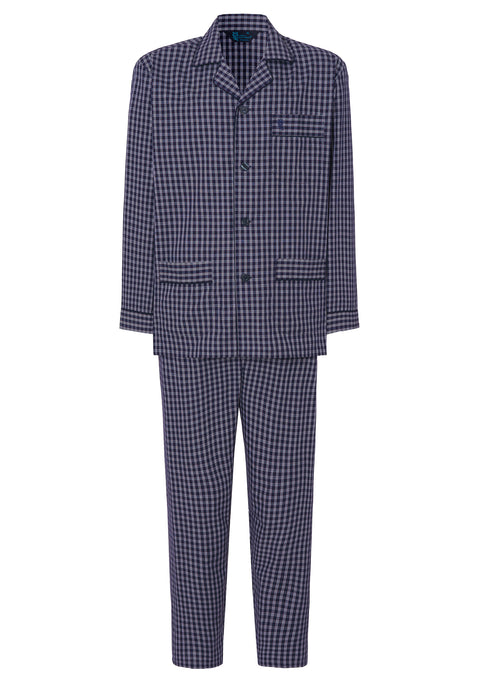Pijama Hombre Largo Solapa Algodón Popelín Cuadros - Azul 1540_39 - 51430101 - https://www.elbuhonocturno.com/