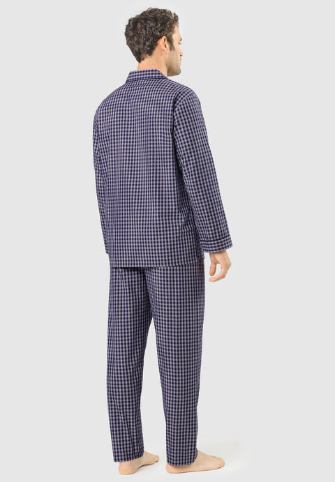 Pijama Hombre Largo Solapa Algodón Popelín Cuadros - Azul 1540_39 - 41543887 - https://www.elbuhonocturno.com/