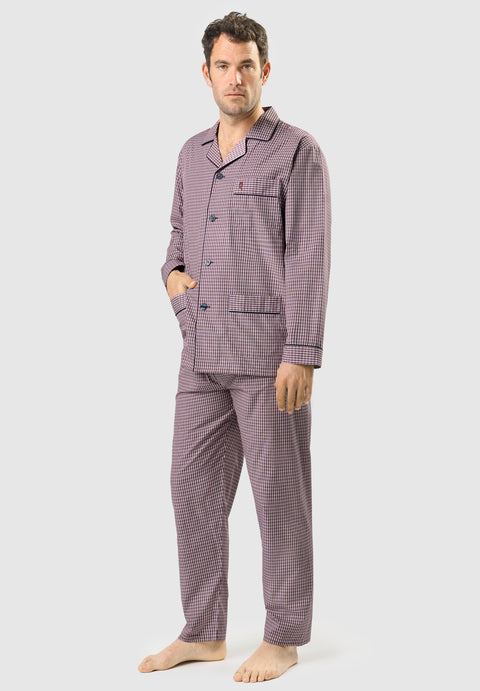 Pijama Hombre Largo Solapa Algodón Popelín Cuadros - Rojo 1541_90 - 81044430 - https://www.elbuhonocturno.com/