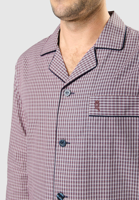 Pijama Hombre Largo Solapa Algodón Popelín Cuadros - Rojo 1541_90 - 34634338 - https://www.elbuhonocturno.com/