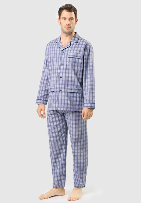 Pijama Hombre Largo Solapa Popelín Cuadros - Azul 1542_30
