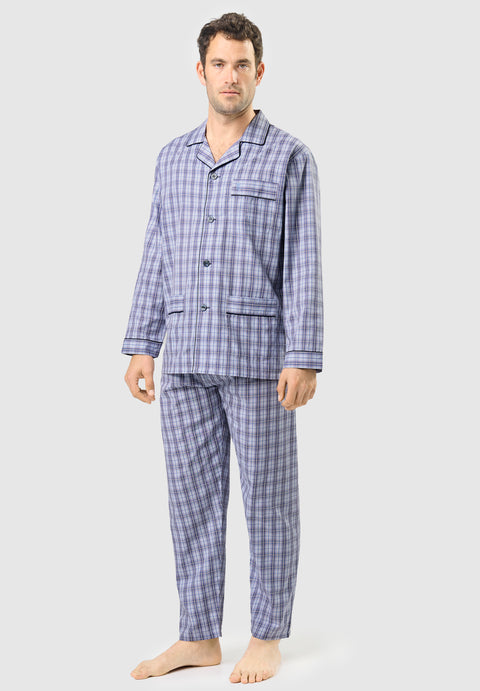 Pijama Hombre Largo Solapa Popelín Cuadros - Azul 1542_30 - 39156718 - https://www.elbuhonocturno.com/