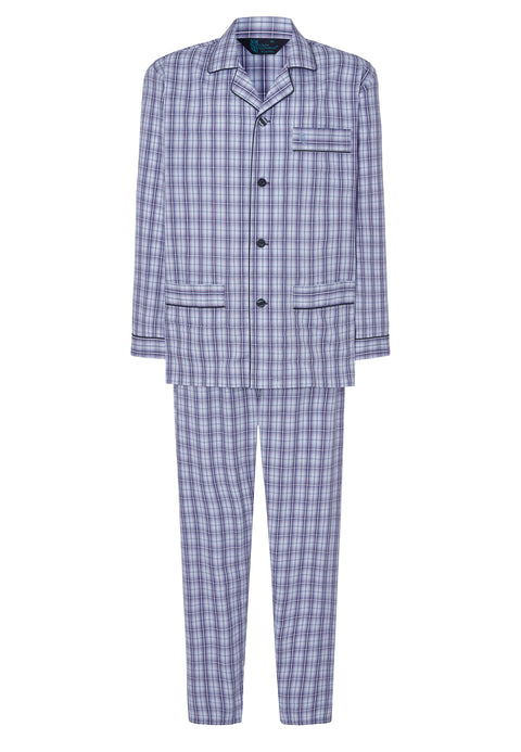 Pijama Hombre Largo Solapa Popelín Cuadros - Azul 1542_30 - 9933341 - https://www.elbuhonocturno.com/