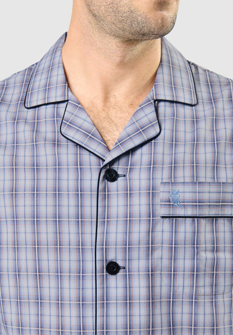 Pijama Hombre Largo Solapa Popelín Cuadros - Azul 1542_30 - 53543114 - https://www.elbuhonocturno.com/