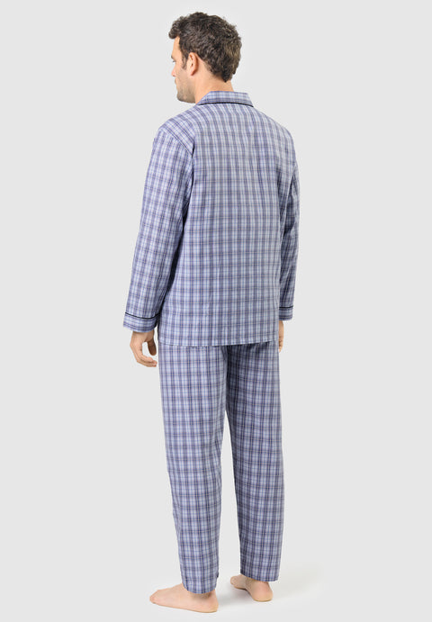 Pijama Hombre Largo Solapa Popelín Cuadros - Azul 1542_30 - 2769667 - https://www.elbuhonocturno.com/