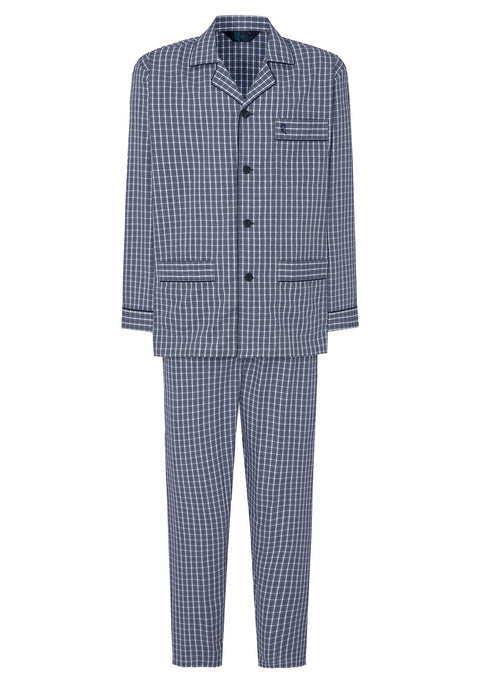 Pijama Hombre Largo Solapa Popelín Cuadros - Azul 1543_39 - 70130604 - https://www.elbuhonocturno.com/