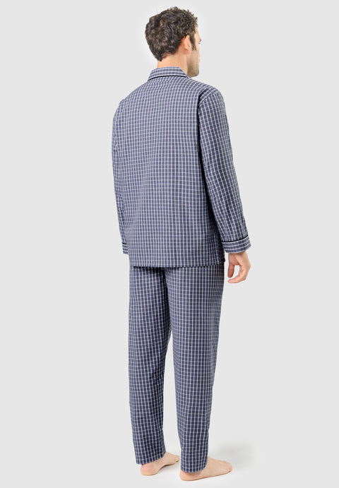 Pijama Hombre Largo Solapa Popelín Cuadros - Azul 1543_39 - 94455823 - https://www.elbuhonocturno.com/