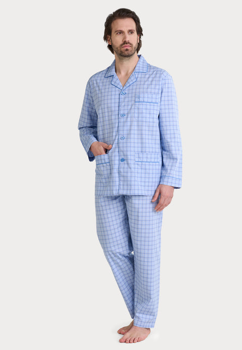 Pijama Hombre Largo Solapa Popelín Rayas - Azul 1545_33 - 55644904 - https://www.elbuhonocturno.com/