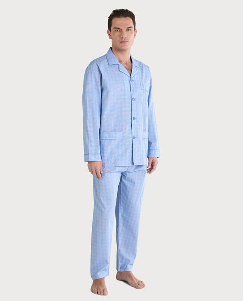 Pijama Hombre Largo Solapa Popelín Cuadros - Azul 1548_33 - 74360268 - https://www.elbuhonocturno.com/