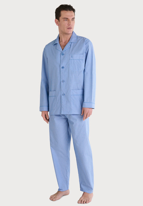 Pijama Hombre Largo Solapa Popelín Rayas - Azul 1551_37
