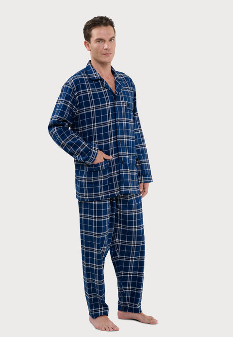 Pijama Hombre Largo Premium Solapa Algodón Franela Cuadros - Azul 2819_37 - 69388437 - https://www.elbuhonocturno.com/