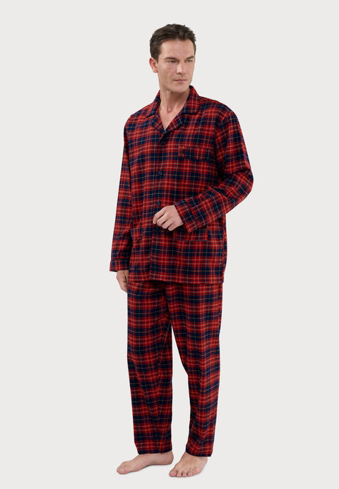 Pijama Hombre Largo Premium Solapa Algodón Franela Cuadros - Rojo 2820_94 - 84030100 - https://www.elbuhonocturno.com/