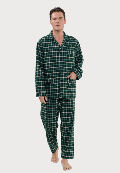 Pijama Hombre Largo Premium Solapa Algodón Franela Cuadros - Verde 2821_40 - 30363264 - https://www.elbuhonocturno.com/