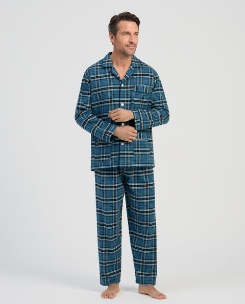 Pijama Hombre Largo Premium Solapa Algodón Franela Cuadros - Azul 2822_36
