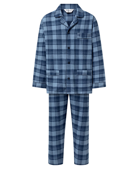 Pijama Hombre Largo Premium Solapa Algodón Franela Cuadros - Azul 2823_37