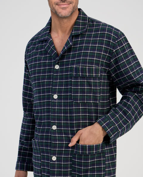 Pijama Hombre Largo Premium Solapa Algodón Franela Cuadros - Verde 2825_40