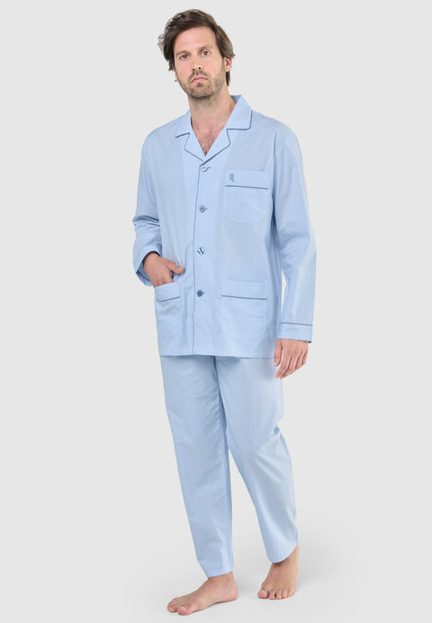 Pijama Hombre Largo Solapa Algodón Popelín Rayas - Celeste 2912_30 - 60839039 - https://www.elbuhonocturno.com/