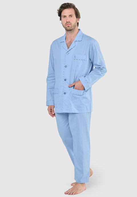 Pijama Hombre Largo Solapa Algodón Fil_à_Fil - Celeste 2987_30 - 92263172 - https://www.elbuhonocturno.com/