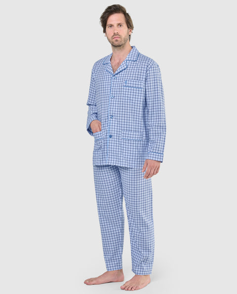 Pijama Hombre Largo Solapa Algodón Popelín Cuadros - Celeste 2989_30 - 82629522 - https://www.elbuhonocturno.com/
