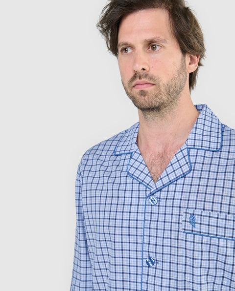 Pijama Hombre Largo Solapa Algodón Popelín Cuadros - Celeste 2989_30 - 99075771 - https://www.elbuhonocturno.com/