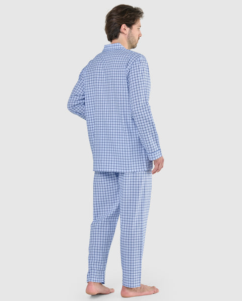 Pijama Hombre Largo Solapa Algodón Popelín Cuadros - Celeste 2989_30 - 14245779 - https://www.elbuhonocturno.com/