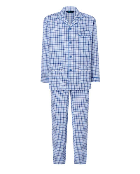Pijama Hombre Largo Solapa Algodón Popelín Cuadros - Celeste 2989_30 - 44400466 - https://www.elbuhonocturno.com/