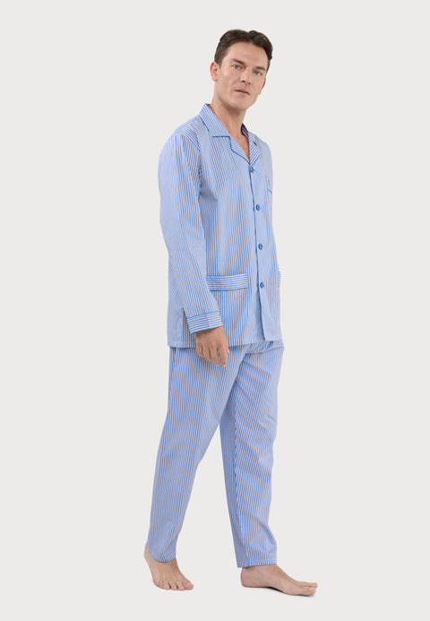 Pijama Hombre Largo Solapa Algodón Popelín Rayas - Azul 2993_36 - 89998649 - https://www.elbuhonocturno.com/