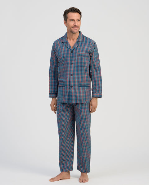 Pijama Hombre Largo Solapa Algodón Popelín Cuadros - Azul 2994_39