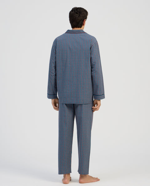 Pijama Hombre Largo Solapa Algodón Popelín Cuadros - Azul 2994_39