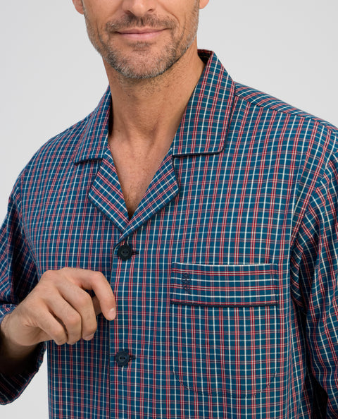 Pijama Hombre Largo Solapa Algodón Popelín Cuadros - Azul 2994_39