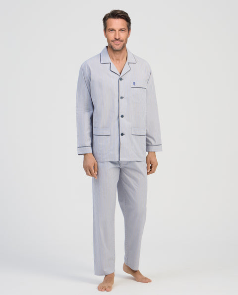 Pijama Hombre Largo Solapa Algodón Popelín Rayas - Azul 2995_30