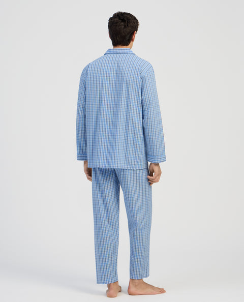 Pijama Hombre Largo Solapa Algodón Popelín Cuadros - Azul 2996_33