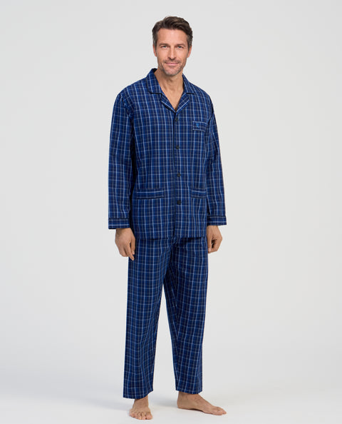Pijama Hombre Largo Solapa Algodón Popelín Cuadros - Azul 2998_38